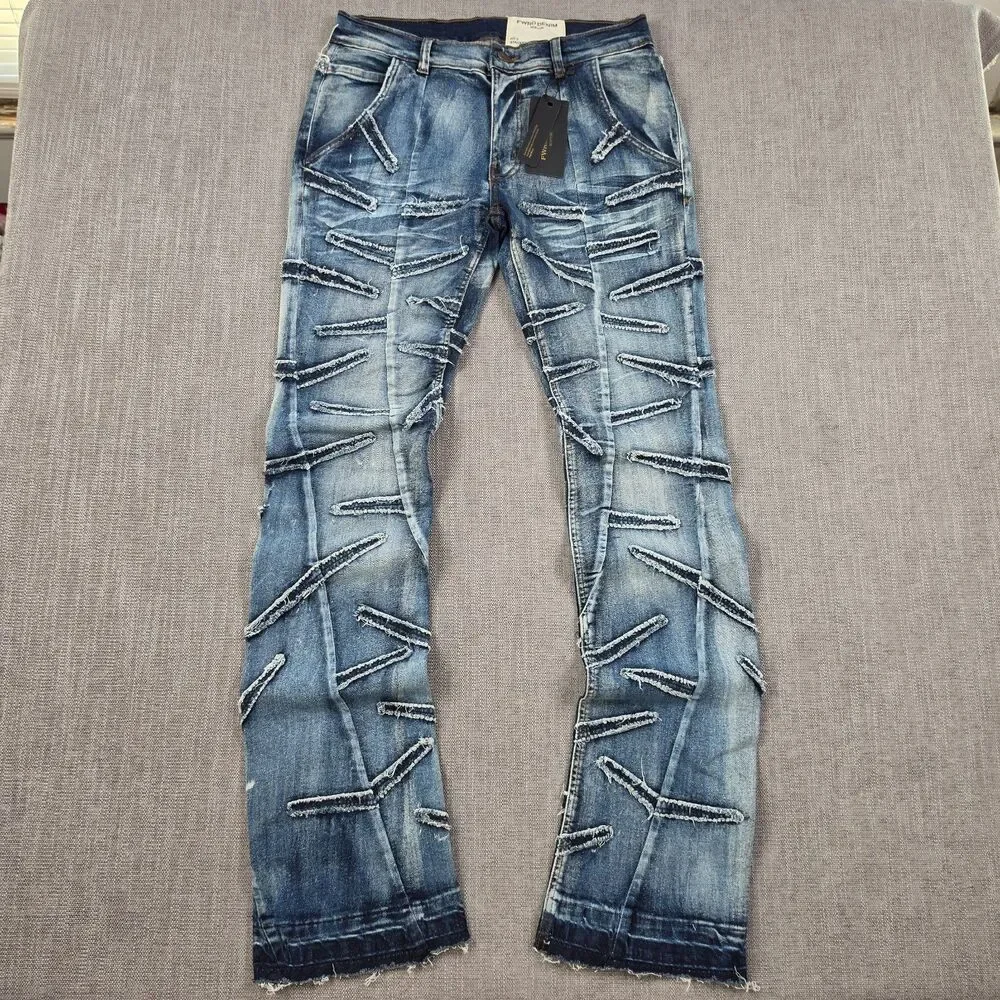 FWRD Denim New York Jeans Mens 32x36 Blue Distressed Ripped Stacked frayed Hype